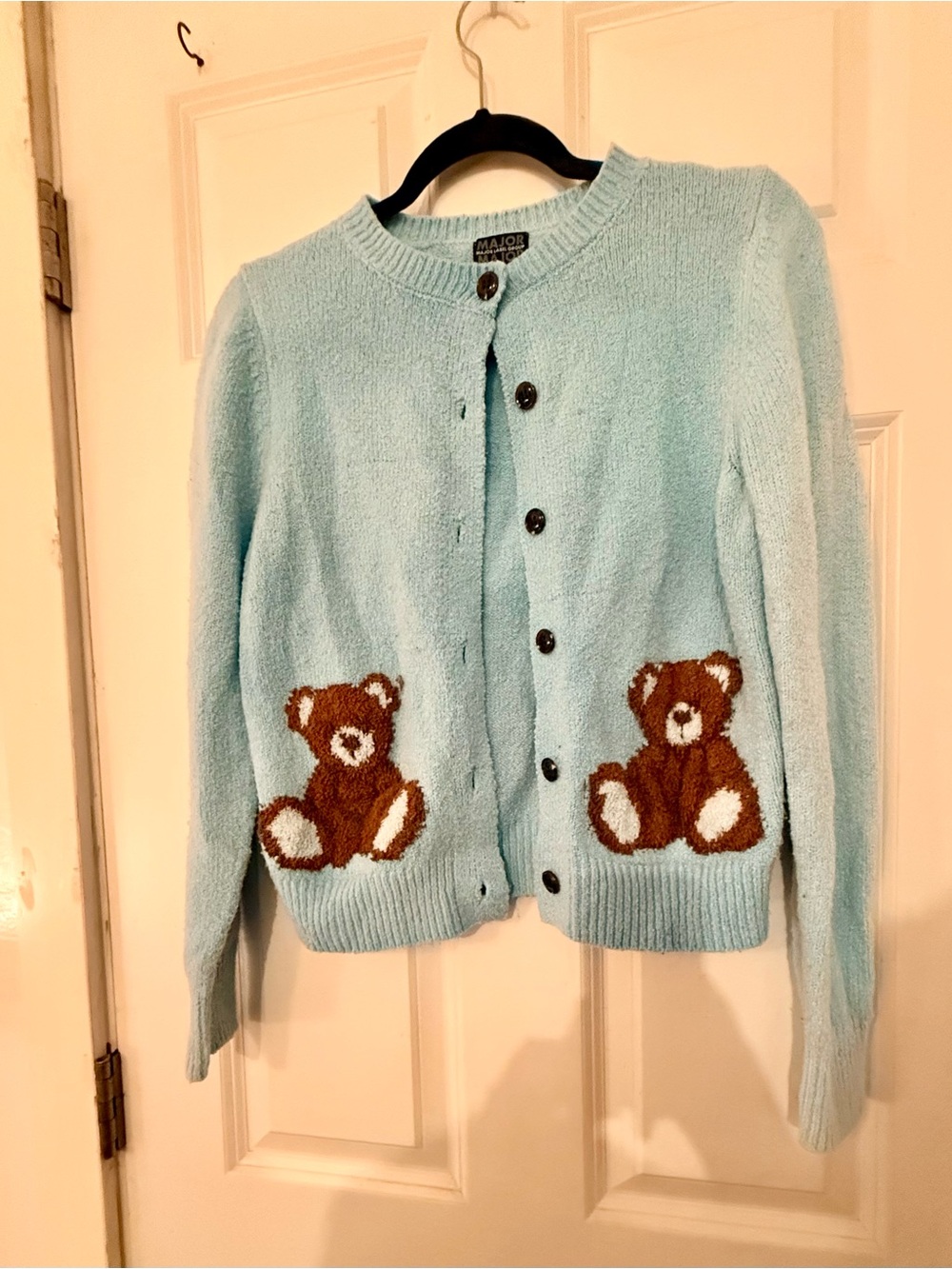Light Blue Teddy Patch Button-Up Cardigan Sweater
